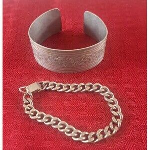 Vintage Southwest Cuff & Silver Tone Curb Link Chain Bracelet Star Western